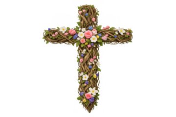 Wooden cross made from braided vines and branches celebrating spring, new life, and easter, transparent background