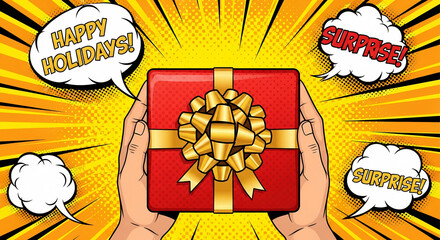 Cartoon, comic book human hands holding day gift box. Retro comics pop art design.