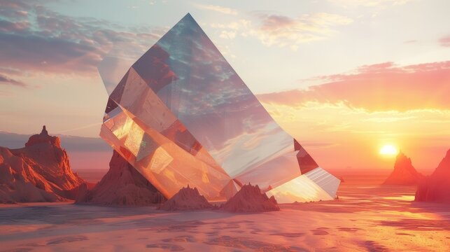 A geometric sunset illuminating a desert landscape with its sharp angles and warm hues.