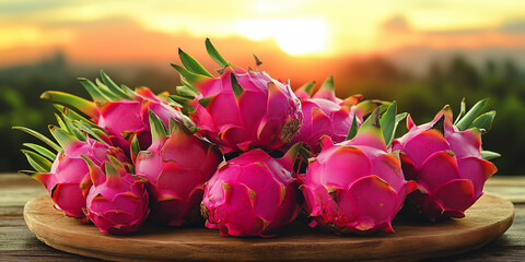 Pink dragon fruits stacked on rustic wooden table with tropical farm background under sunrise light, perfect for food advertising, wellness branding, organic product packaging and website.
