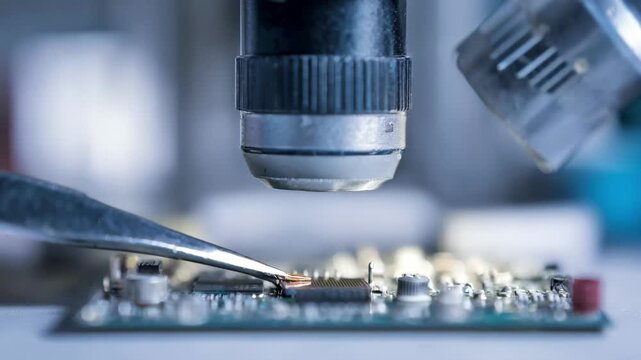 Closeup of a MEMS pressure sensor being carefully adjusted under a microscope optimizing sensitivity for precise pressure data collection in electronic devices.