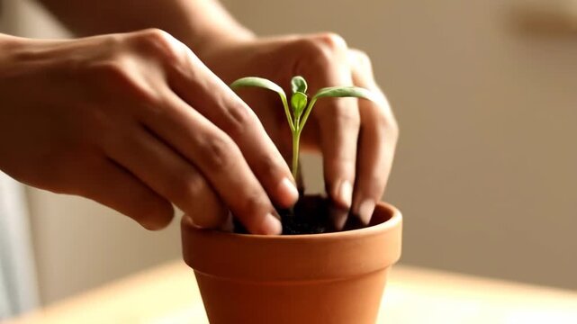 Gardeners hands gently placing a young sprout into a terracotta pot.