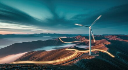 A solitary wind turbine generating clean energy on a vast mountain ridge under a dramatic sky, showcasing sustainable power in a remote landscape.