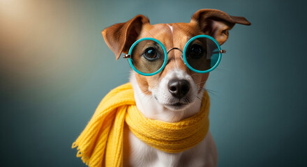 Dog with brown and white fur wearing round blue glasses and a yellow scarf against a teal backdrop, representing style and pet fashion