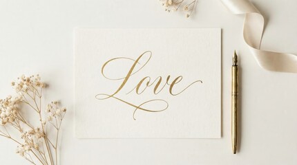 Love Gold Script Calligraphy Flat Lay Romantic Minimal Background