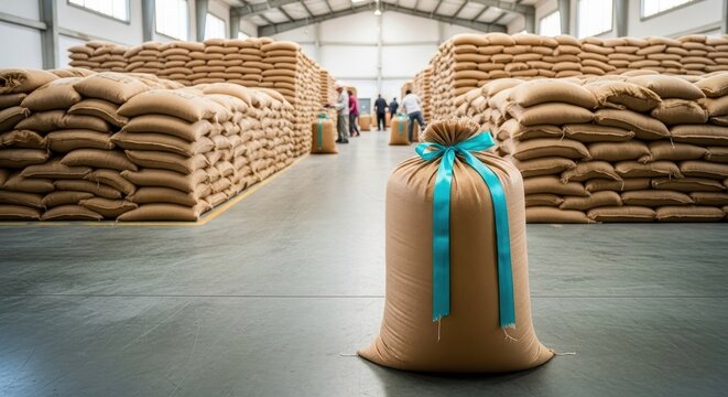 Large Grain Sack with Blue Ribbon in a Warehouse, Surrounded by Stacks of Grain Bags