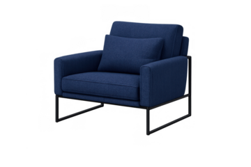 Navy blue fabric armchair with modern black metal frame, comfortable contemporary living room or office lounge furniture