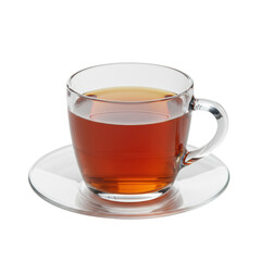Pristine transparent glass teacup filled with rich dark amber brewed tea, matching saucer, on transparent cyclorama with copy space, soft light. Concept for premium beverage advertising