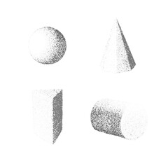 Abstract 3D geometric shapes with grainy noise texture and soft halftone shading