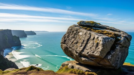 Dramatic rocky coastal viewpoint overlooking a serene blue ocean under a bright sunny sky