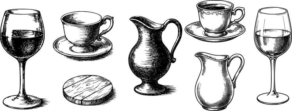 Hand Drawn Vintage Drinkware Sketch Set &ndash; Cups, Pitchers and Wine Glasses in Black & White Engraved Style.