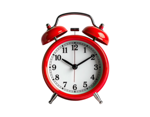 Red alarm clock with bells and a white face, isolated on black background