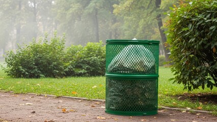Green mesh outdoor compost bin for organic waste collection in a park setting
