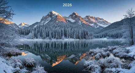 Scenic landscape view of snow-covered mountains reflected in a lake surrounded by forest, representing winter beauty and serene environment