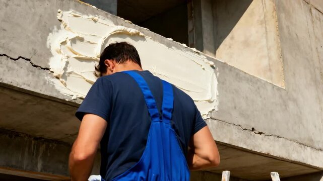 Side view medium shot of a professional spreading thick stucco layers with a trowel on a building facade detailing the careful technique for durable wall protection.