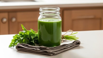 Rich spinach green smoothie in a clear glass jar with fresh herbs and napkin