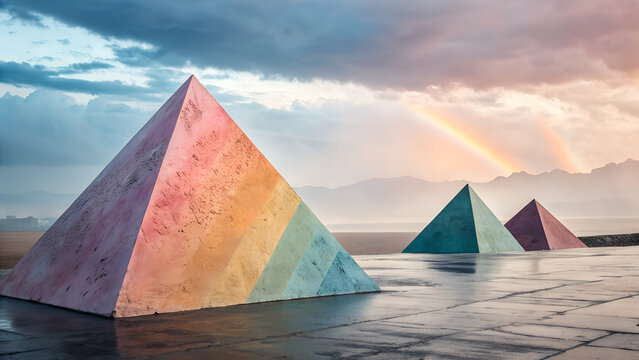 A luxury sailing yacht glides across the calm sea toward the Egyptian pyramids under a vibrant sunset sky, blending summer travel and nature in a serene ocean landscape - Powered by Adobe