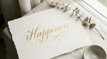 Happiness Gold Calligraphy Top View Minimal Elegant Background