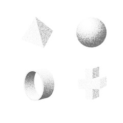Modern abstract geometric 3D shapes with grainy noise texture and soft halftone shading