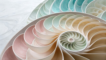 An abstract digital art backdrop featuring a colorful nautilus shell spiral pattern with fractal curves and blue motion swirls on a pink texture wallpaper design element