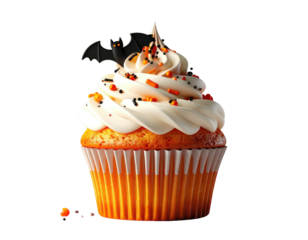 A festive cupcake, frosted, with sprinkles and a bat decoration