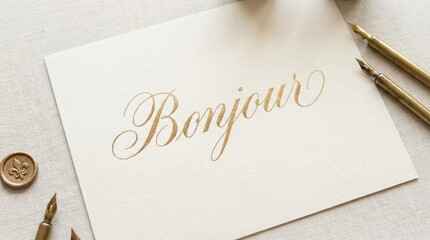Bonjour Gold Calligraphy French Greeting Top View Luxury Style