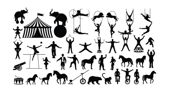 A collection of black silhouette figures depicting a classic circus scene