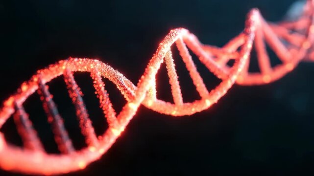 Glowing red dna strand on dark background
