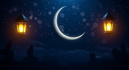 Night Sky with Crescent Moon and Hanging Lanterns