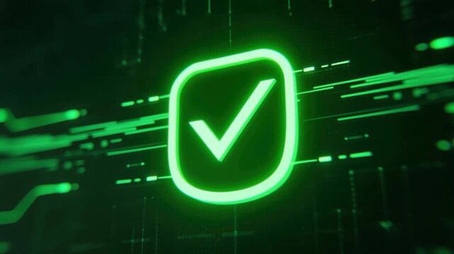 A glowing green checkmark symbol against a digital background, representing approval and success in technology.