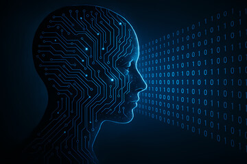 Obraz premium Futuristic Digital Human Profile with Circuit Patterns and Binary Code in Dark Background