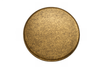 Brass rivet or nailhead presenting a distressed metallic texture. Object has a round shape with a raised surface, isolated on transparent