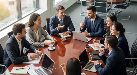 Business team in meeting discussing project strategy around conference table