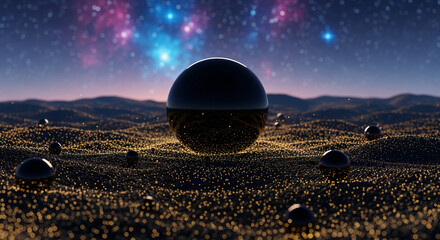 Image of black sphere on granular, sparkly surface under a starry sky, resembling a planet landscape, possibly symbolizing exploration or cosmic event