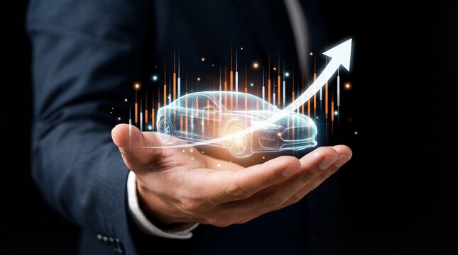 Holographic car model floating above businessman palm with rising data graph and glowing analytics, futuristic automotive technology concept showing innovation and growth in mobility
