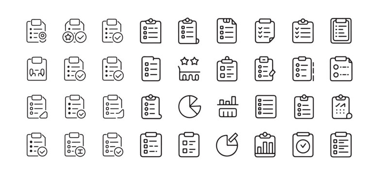 Business Checklist, Data Report, and Analytics Line Icon Set