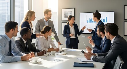 Business team in meeting discussing strategy and analyzing data