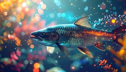 Ikan-ikan berwarna cerah berenang di pemandangan bawah laut yang penuh warna.