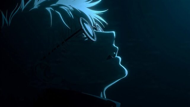 anime boy with glowing blue outline and glasses