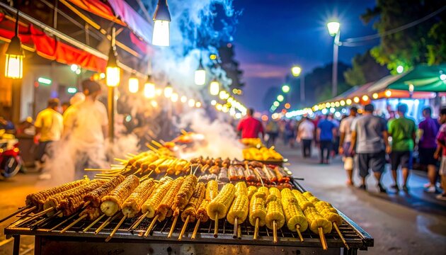 Jagung bakar dan sate daging di pasar malam yang ramai.