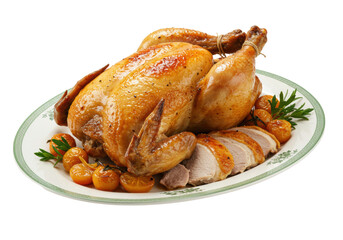 Golden-brown, crispy roasted chicken, carved, on white ceramic plate with floral border, isolated on white background, elegant festive meal centerpiece
