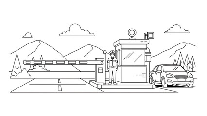 Security Checkpoint at Mountain Gate with Guard Station and Car