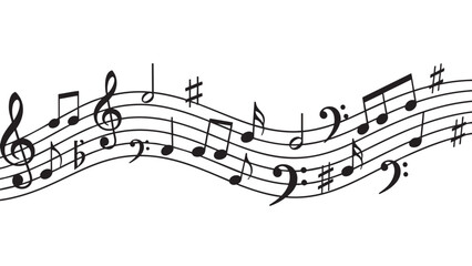 Hand drawn musical notes and symbols on transparent background