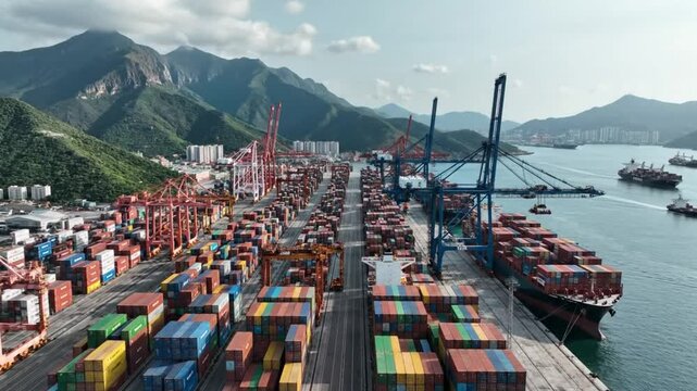 Aerial view of a busy shipping port with cargo containers, cranes, and ocean freight activity against mountainous landscape