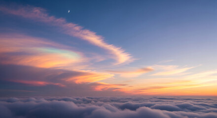 Fototapeta premium Scenic view of clouds at sunset with a waxing crescent moon in a gradient blue sky, representing dreams, hope, and tranquility, perfect for meditation