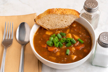 beef stew with diced scallions and bread
