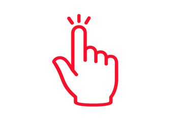 Hand cursor clicking an interactive button, interface pointing gesture, red outline icon for user experience and web navigation