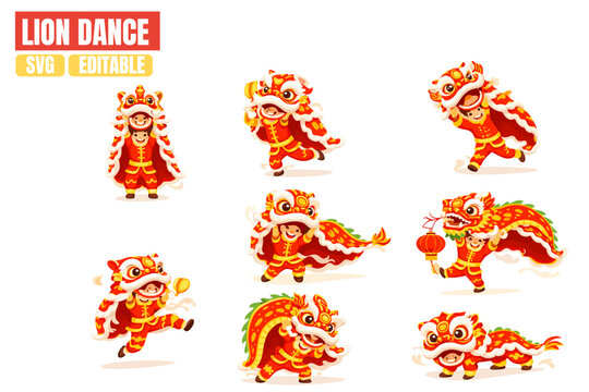 A collection of cute cartoon children in traditional red and gold costumes performing a Chinese lion dance for the Lunar New Year.