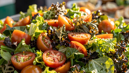 Fresh mixed greens salad with sliced tomatoes in a circular pattern, shot against an outdoor market background