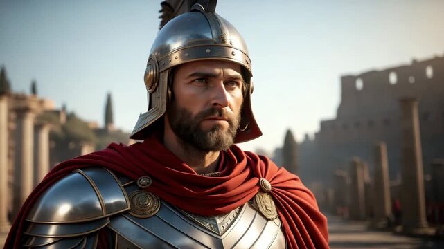 Cinematic portrait of a Roman soldier in armor and a red cape. A historical warrior general standing in the ruins of ancient Rome. Leadership and power concept